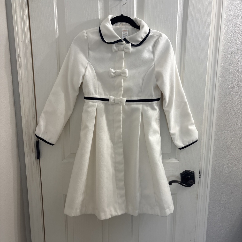 Vtg Gymboree 2013  Girl's Long Sleeve Bow Buttons Ivory Black Long Coat L 10-12